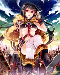 Rule 34 | 1girl, akiwalking, black hair, boots, breasts, cape, fur boots, fur cape, giant, giantess, long hair, medium breasts, original, pointy ears, red eyes, sitting, skirt, solo, thighhighs, town, underboob, watermark, white thighhighs, wrist cuffs
