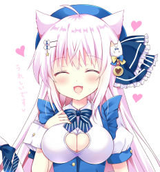 Rule 34 | 1girl, :d, ^ ^, ahoge, animal ears, beret, bitter crown, blue bow, blue hat, blush, bow, breasts, cat ears, cat girl, cat tail, cleavage, cleavage cutout, closed eyes, clothing cutout, facing viewer, fang, frills, hat, heart, long hair, medium breasts, open mouth, original, puffy short sleeves, puffy sleeves, shirt, short sleeves, simple background, smile, solo, striped, striped bow, tail, tail raised, translation request, upper body, white background, white hair, white shirt