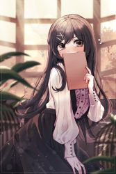 Rule 34 | 1girl, blurry, blurry foreground, blush, bokeh, brown eyes, brown hair, cage, clipboard, covering own mouth, depth of field, frilled shirt, frills, hair between eyes, hair ornament, hair over shoulder, hairclip, hand up, highres, leaf, leehwa, long hair, long skirt, long sleeves, original, shirt, shy, skirt, solo, sunlight