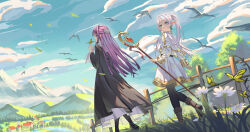 Rule 34 | 2girls, absurdres, al guang, bird, boots, bug, butterfly, capelet, earrings, elf, fern (sousou no frieren), frieren, green eyes, highres, holding, holding staff, insect, jewelry, long hair, mage staff, multiple girls, outdoors, pointy ears, purple hair, sousou no frieren, staff, village, walking, white capelet, white hair
