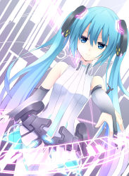 Rule 34 | 1girl, absurdres, bare shoulders, blue eyes, blue hair, hatsune miku, hatsune miku (append), highres, leotard, long hair, looking at viewer, makadamixa, matching hair/eyes, mecha musume, smile, solo, twintails, vocaloid, vocaloid append, white leotard