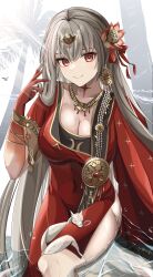 Rule 34 | 1girl, absurdres, bracelet, breasts, cleavage, covered navel, dress, durga (fate), earrings, fate/grand order, fate (series), flower, hair flower, hair ornament, highres, jewelry, large breasts, long hair, red dress, red eyes, shoshi12, single earring, sleeping, smile, snake, thumb ring, water, white hair