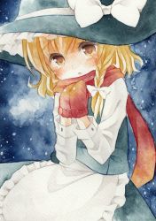 Rule 34 | 1girl, blonde hair, bow, braid, hair bow, hat, kagome f, kirisame marisa, long hair, mittens, night, painting (medium), red mittens, ribbon, scarf, solo, touhou, traditional media, watercolor (medium), witch hat, yellow eyes