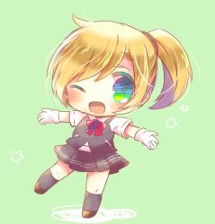 Rule 34 | 10s, 1girl, blonde hair, blouse, blue eyes, chibi, full body, gloves, kantai collection, kou hiyoyo, looking at viewer, maikaze (kancolle), one eye closed, parted bangs, pleated skirt, ponytail, red ribbon, ribbon, school uniform, scrunchie, shirt, short hair, skirt, solo, standing, standing on one leg, vest, white gloves, white shirt