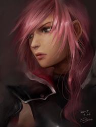 Rule 34 | 1girl, asymmetrical hair, closed mouth, dated, final fantasy, final fantasy xiii, green eyes, lightning farron, long hair, looking away, pink hair, realistic, red lips, sako (35s 00), signature, solo, swept bangs