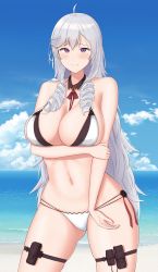 1girl, algerie (azur lane), algerie (white sand angel) (azur lane), azur lane, bare shoulders, beach, bikini, blue sky, blush, breasts, cleavage, closed mouth, crossed arms, drill hair, eyebrows visible through hair, highres, large breasts, long hair, looking at viewer, mole, mole on breast, mole under eye, navel, ocean, purple eyes, silver hair, sky, smile, solo, standing, swimsuit, topgear, white bikini