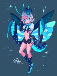 Rule 34 | antennae, arthropod girl, blue eyes, commentary request, crown, dated, detached sleeves, flat chest, full body, grey hair, hair ornament, hairclip, high heels, highres, insect wings, midriff, navel, original, pincers, puffy short sleeves, puffy sleeves, short hair, short shorts, short sleeves, shorts, signature, sparkle, suparu (detteiu), tail, wings