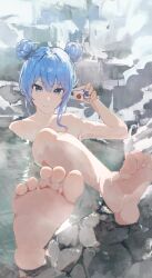 Rule 34 | 1girl, alternate hairstyle, arm up, armpits, barefoot, bathing, blue eyes, blue hair, closed mouth, collarbone, cup, double bun, eyelashes, feet, feet up, foot focus, foreshortening, hair between eyes, hair bun, highres, holding, holding cup, hololive, hoshimachi suisei, looking at viewer, nude, onsen, partially submerged, short hair, sidelocks, smile, soles, solo, star (symbol), star in eye, steam, symbol in eye, toenails, toes, virgo76612871, virtual youtuber, water