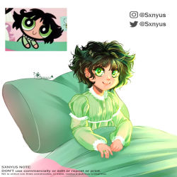 Rule 34 | 1girl, artist name, black hair, buttercup (ppg), buttercup redraw challenge (meme), derivative work, english text, green eyes, green pajamas, instagram username, long sleeves, looking at viewer, meme, messy hair, pajamas, pillow, powerpuff girls, reference inset, screenshot inset, screenshot redraw, short hair, signature, simple background, smile, solo, sxnyus, twitter logo, twitter username, under covers, upper body, white background
