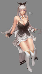 Rule 34 | 1girl, absurdres, bare shoulders, black gloves, black vest, boots, bow, breasts, cleavage, closed mouth, commission, detached collar, detached sleeves, dungeon and fighter, female gunner (dungeon and fighter), fingerless gloves, full body, gloves, grey background, grey skirt, hair bow, hair tubes, hairband, highres, invisible chair, knee boots, large breasts, legs together, long hair, looking at viewer, monaim, pleated skirt, purple eyes, silver hair, simple background, sitting, skirt, smile, solo, very long hair, vest, white footwear
