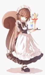 Rule 34 | 1girl, :d, alternate costume, apron, black bow, black dress, black footwear, bow, brown eyes, brown hair, commentary request, cup, dress, drinking glass, drinking straw, enmaided, food, frilled apron, frills, fruit, grey background, hair between eyes, high heels, holding, holding tray, juliet sleeves, long hair, long sleeves, looking at viewer, maid, maid apron, maid headdress, open mouth, original, pantyhose, parfait, puffy sleeves, shadow, shoes, simple background, smile, solo, squirrel girl (yuuhagi (amaretto-no-natsu)), squirrel tail, strawberry, tail, tray, very long hair, white apron, white pantyhose, yuuhagi (amaretto-no-natsu)