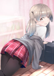 Rule 34 | 1girl, all fours, ass, bag, black pantyhose, cardigan, comah, dutch angle, long hair, open mouth, original, pantyhose, plaid, plaid skirt, silver hair, skirt, solo, twintails, wooden floor