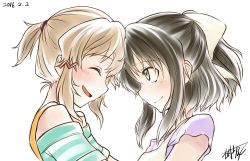 Rule 34 | 10s, 2girls, alternate hairstyle, bare shoulders, black hair, blush, casual, closed mouth, couple, dated, closed eyes, female focus, forehead-to-forehead, friends, green eyes, hair ribbon, happy, heads together, judo fuu, kohinata miku, light brown hair, looking at another, multiple girls, open mouth, ponytail, ribbon, senki zesshou symphogear, short hair, signature, simple background, smile, tachibana hibiki (symphogear), upper body, white background, yuri