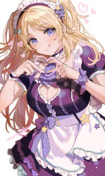 Rule 34 | 1girl, :q, alternate costume, apron, blonde hair, blue bow, blue eyes, blush, bow, breasts, cleavage, cleavage cutout, closed mouth, clothing cutout, collarbone, dress, enmaided, frilled apron, frilled dress, frills, hachimiya meguru, hands up, heart, heart cutout, heart hands, highres, idolmaster, idolmaster shiny colors, long hair, looking at viewer, maid, maid headdress, medium breasts, miyako (xxxbibit), puffy short sleeves, puffy sleeves, purple dress, short sleeves, smile, solo, star (symbol), tongue, tongue out, two side up, very long hair, white apron, wrist cuffs