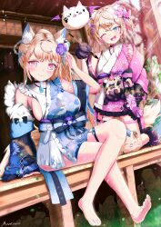 Rule 34 | 2girls, :3, absurdres, animal ear fluff, animal ears, animal hands, barefoot, belt, black sash, blonde hair, blue belt, blue eyes, blue hair, blue kimono, blush, breasts, calligraphy brush, dog ears, dog girl, dog paws, dog tail, fangs, feet, flower, fuwawa abyssgard, fuwawa abyssgard (new year), hair flower, hair ornament, highres, holding, holding calligraphy brush, holding paintbrush, hololive, hololive english, japanese clothes, kimono, large breasts, long hair, looking at viewer, medium hair, mococo abyssgard, mococo abyssgard (new year), multicolored hair, multiple girls, muraryuen, obi, official alternate costume, one eye closed, paintbrush, perroccino (fuwamoco), pink belt, pink eyes, pink hair, pink kimono, ponytail, sash, siblings, sisters, skin fangs, sleeveless, sleeveless kimono, small breasts, smile, streaked hair, tail, thigh strap, twins, twintails, virtual youtuber