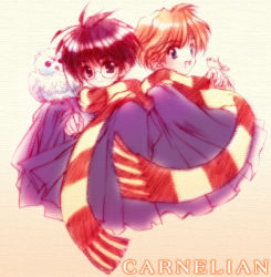 Rule 34 | 2boys, alternate eye color, animal, animal on shoulder, bird, bird on shoulder, carnelian, glasses, harry potter, harry potter (series), hedwig, male focus, mouse (animal), multiple boys, owl, ron weasley, scabbers, scarf, school uniform, shared clothes, shared scarf, wizarding world