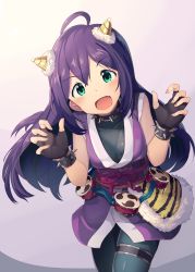 Rule 34 | 1girl, bracelet, collar, fingerless gloves, gloves, highres, horns, idolmaster, idolmaster million live!, japanese clothes, jewelry, long hair, looking at viewer, mochizuki anna, open mouth, purple hair, sleeveless, solo, thigh strap, yoshika (music480069)