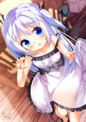 Rule 34 | 1girl, bare arms, bare shoulders, black bow, black footwear, black wings, blood, blood on face, blue eyes, blue hair, blurry, blurry background, blush, bow, breasts, center frills, chair, chinomaron, claw pose, collarbone, commentary request, demon girl, demon tail, demon wings, depth of field, dress, dutch angle, fang, frilled dress, frills, gochuumon wa usagi desu ka?, hair between eyes, hair ornament, hands up, happy halloween, highres, indoors, kafuu chino, long hair, open mouth, shoes, signature, sleeveless, sleeveless dress, small breasts, solo, standing, strap slip, table, tail, two side up, very long hair, white dress, wing hair ornament, wings, wooden floor, x hair ornament