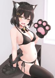 Rule 34 | 1girl, animal ear fluff, animal ears, animal hands, arm support, bare arms, bare shoulders, bell, bikini, black bikini, black hair, black thighhighs, bow, bowtie, breasts, cat cutout, cat ears, cat girl, cat tail, chain, cleavage, clothing cutout, collarbone, commentary request, extra ears, fang, gloves, hair between eyes, hair ornament, hand up, jingle bell, karutamo, looking at viewer, medium breasts, navel, one eye closed, open mouth, original, paw gloves, plaid, plaid bikini, shelf, short hair, side-tie bikini bottom, sidelocks, solo, stomach, swimsuit, tail, thighhighs, window, yellow eyes