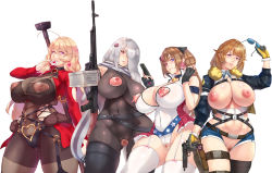 Rule 34 | 4girls, ammunition box, anti-materiel rifle, blonde hair, blue eyes, blush, bolt action, breasts, breasts out, brown hair, censored, cleavage, covered navel, curvy, female pubic hair, girls&#039; frontline, grizzly mkv (girls&#039; frontline), gun, h&amp;k mark 23, heckler &amp; koch, heterochromia, highres, holding, holding removed eyewear, huge breasts, l.a.r. manufacturing, lar grizzly win mag, long hair, looking at viewer, match grade, match grade firearm, match grade pistol, mk23 (girls&#039; frontline), mole, mole under eye, mosaic censoring, multiple girls, nipple piercing, nipples, offensive handgun, official alternate costume, parted lips, piercing, pk (girls&#039; frontline), ptrd-41, ptrd (girls&#039; frontline), ptrd (romantic mission) (girls&#039; frontline), pubic hair, puffy nipples, purple eyes, pussy, red eyes, revealing clothes, rifle, silver hair, smile, sniper rifle, standing, thick thighs, thighhighs, thighs, unworn eyewear, very long hair, weapon, wide hips, yui.h