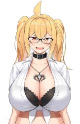 Rule 34 | 1girl, :d, ahoge, black-framed eyewear, black bra, blonde hair, blush, borrowed character, bra, bra visible through clothes, breasts, brown eyes, choker, cleavage, collared shirt, fang, hair between eyes, heart, highres, huge breasts, jewelry, kirome (kamipaper), long hair, looking at viewer, necklace, open mouth, original, saaya (kirome), shirt, skull necklace, smile, solo, tied shirt, twintails, unbuttoned, unbuttoned shirt, underwear, virtual youtuber, white shirt