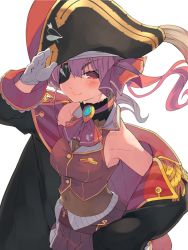 Rule 34 | 1girl, arrow through heart, bare shoulders, blush, breasts, buttons, closed mouth, covered navel, elbow sleeve, eyepatch, gloves, hair between eyes, hat, hololive, houshou marine, leotard, leotard under clothes, looking at viewer, pink hair, pirate hat, red eyes, salute, see-through, see-through leotard, smile, solo, taker (flamestorm), twintails, virtual youtuber, white gloves