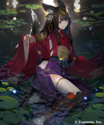 Rule 34 | 1girl, animal ears, brown eyes, brown hair, chin strap, circlet, commentary request, copyright notice, fox ears, fox tail, ginsetsu great fox, grin, hand up, highres, japanese clothes, kimono, light particles, lily pad, long hair, long skirt, long sleeves, looking at viewer, lying, mask, nanbo ataru (attall), official art, on side, partially submerged, pond, purple skirt, red eyes, red kimono, shadowverse, sharp teeth, shin guards, shirt, side slit, sitting, skirt, smile, solo, tail, teeth, thighhighs, white shirt, white thighhighs, wide sleeves