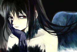 Rule 34 | 10s, 1girl, akemi homura, akuma homura, bad id, bad pixiv id, bare shoulders, black background, black gloves, black hair, choker, dress, feathered wings, fixative, gloves, hand on own cheek, hand on own face, head rest, long hair, looking at viewer, mahou shoujo madoka magica, mahou shoujo madoka magica: hangyaku no monogatari, red eyes, solo, spoilers, upper body, wings