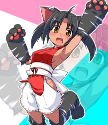 Rule 34 | 1girl, animal ears, animal hands, armpits, bare shoulders, black hair, breasts, cat ears, cat paw, fang, original, sideboob, small breasts, solo, to-gnaniwa, yellow eyes