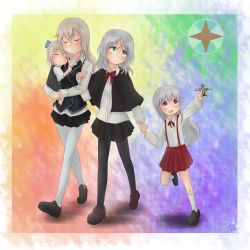 Rule 34 | 4girls, :d, aqua eyes, black legwear, blonde hair, bookmarkahead, carrying, child, closed eyes, eila ilmatar juutilainen, grey hair, highres, holding hands, if they mated, jewelry, mother and daughter, multiple girls, open mouth, pantyhose, parent and child, parted lips, purple eyes, ring, sanya v. litvyak, shawl, shoes, skirt, sleeping, smile, strike witches, teeth, toy, toy airplane, walking, wedding band, wedding ring, white legwear, wife and wife, world witches series, yuri