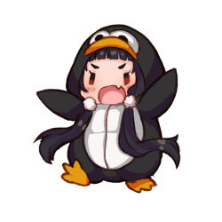Rule 34 | 1girl, :d, animal costume, black eyes, chibi, commentary, english commentary, fang, full body, hands up, hood, hood up, multicolored eyes, open mouth, original, penguin costume, red eyes, simple background, skin fang, smile, solo, temachii, white background, | |, || ||