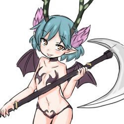 Rule 34 | 1girl, :p, antlers, aqua hair, blue hair, blush, brown eyes, c (control), choker, cosplay, demon girl, etna (disgaea), halloween, horns, looking at viewer, pointy ears, q (control), rori (4chan), scythe, short hair, simple background, solo, tongue, tongue out, white background, wings