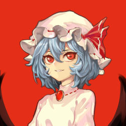 Rule 34 | 1girl, absurdres, bat wings, blue hair, breasts, brooch, dress, fang, hair between eyes, hat, hat ribbon, highres, iouley, jewelry, looking away, mob cap, pink dress, portrait, red background, red eyes, red ribbon, remilia scarlet, ribbon, short hair, sidelocks, simple background, small breasts, smile, solo, teeth, touhou, turtleneck, white hat, wings