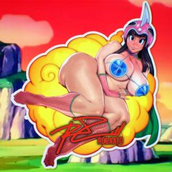 Rule 34 | 1girl, alternate ass size, alternate body size, alternate breast size, ass, bikini, blush, boots, breasts, chi-chi (dragon ball), dragon ball, feet, flying nimbus, full body, helmet, highres, huge ass, huge breasts, light smile, lips, lying, micro bikini, no shoes, outdoors, outline, pink headwear, plump, red sky, revealing clothes, robaato, shiny skin, sky, solo, swimsuit, thick thighs, thighs, white outline, wide hips