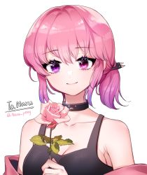 Rule 34 | 1girl, bare shoulders, black collar, black tank top, breasts, cleavage, closed mouth, collar, collarbone, commentary request, commission, flower, hair between eyes, highres, holding, holding flower, korean commentary, medium breasts, menna (0012), original, pink flower, pink hair, pink rose, purple eyes, rose, simple background, smile, solo, tank top, twitter username, upper body, white background