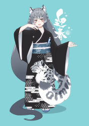 Rule 34 | 1girl, absurdly long hair, absurdres, alternate hair length, alternate hairstyle, animal ear fluff, animal ears, arm up, blue eyes, blunt bangs, blush, fangs, full body, grey hair, hand up, highres, japanese clothes, kemono friends, kimono, long hair, long sleeves, looking to the side, multicolored eyes, multicolored hair, open mouth, pale skin, parsley (simonov1941), print kimono, sandals, sash, simple background, smile, snow leopard (kemono friends), snow leopard ears, snow leopard girl, snow leopard tail, solo, spotted tail, standing, tabi, tail, very long hair, wide sleeves, yellow eyes, zouri