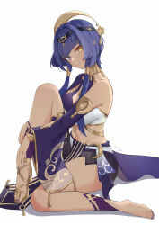 Rule 34 | 1girl, absurdres, barefoot, black hairband, blue eyes, blue hair, blue sleeves, breasts, candace (genshin impact), circlet, cleavage, closed mouth, crescent, crop top, detached sleeves, dongye1551, egyptian clothes, feet, from side, full body, genshin impact, gold footwear, hair ornament, hair over shoulder, hairband, hands on own leg, head tilt, heterochromia, high heels, highres, jewelry, knee up, legs, long sleeves, looking at viewer, looking to the side, medium breasts, nail polish, navel, neck ring, pelvic curtain, purple nails, shoes, short hair with long locks, signature, simple background, single shoe, sitting, smile, solo, stomach, thighs, toenail polish, toenails, toes, white background, wide sleeves, yellow eyes