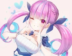 Rule 34 | blue hair, braid, breasts, cleavage, commentary request, cropped torso, dress, drill hair, frilled dress, frills, grin, heart, hololive, index finger raised, long hair, looking at viewer, maid, medium breasts, minato aqua, minato aqua (1st costume), multicolored hair, one eye closed, partial commentary, pink hair, pointing, pointing at self, purple eyes, short sleeves, simple background, smile, streaked hair, toro astro, twin drills, twintails, two-tone hair, upper body, virtual youtuber