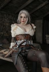 Rule 34 | alina becker, belt, breasts, ciri, ciri (cosplay), clothes, cosplay, female focus, gloves, green eyes, highres, holster, holstered, looking at viewer, medium breasts, model, photo (medium), scar, scar across eye, scar on face, solo, sword, the witcher (series), weapon, white hair