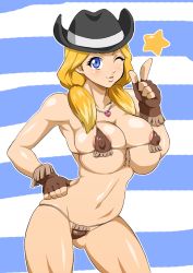 Rule 34 | 10s, 1girl, areola slip, bad id, bad pixiv id, bikini, blonde hair, blowing kiss, blue eyes, breasts, cleavage, contrapposto, cowboy hat, danball senki, finger gun, fingerless gloves, fringe trim, gloves, hand on own hip, hat, heart, hokuto (tokuho), jessica kaios, jewelry, large breasts, micro bikini, necklace, one eye closed, smile, solo, star (symbol), swimsuit, twintails, wink