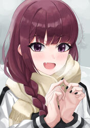 Rule 34 | 1girl, absurdres, blush, bocchi the rock!, braid, fang, hair over shoulder, highres, hiroi kikuri, jacket, long hair, long sleeves, looking at viewer, nail polish, open mouth, outdoors, own hands together, perilpoint, purple eyes, red hair, scarf, smile, solo, tree, upper body, winter