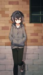 Rule 34 | 10s, 1girl, :o, against wall, amoranorem, black hair, black pantyhose, brick wall, brown eyes, casual, collarbone, hairband, hands in pockets, hood, hoodie, kantai collection, kashii (amoranorem), pantyhose under shorts, looking to the side, multicolored hair, pantyhose, pantyhose under shorts, shoes, short hair, short hair with long locks, shorts, sidelocks, sneakers, solo, standing, standing on one leg, tokitsukaze (kancolle), white hair, window