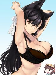 Rule 34 | 2girls, :3, :d, animal ears, armpits, arms up, atago (azur lane), azur lane, black bra, black hair, blue shirt, blush stickers, bra, breasts, brown eyes, brown hair, chibi, chibi inset, closed mouth, collarbone, ears through headwear, from side, gradient background, hair between eyes, hair ribbon, hat, head tilt, highres, kuuchuu ame, lace, lace-trimmed bra, lace trim, large breasts, long hair, looking at another, looking at viewer, mole, mole under eye, multiple girls, mutsuki (azur lane), navel, neckerchief, open mouth, ribbon, shirt, smile, soranaka ame, underwear, upper body, white ribbon, yellow hat