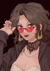 1girl black_background black_jacket blue_pupils breasts brown_eyes brown_hair choker cleavage earrings genderswap genderswap_(mtf) glasses gold_earrings highres hunter_x_hunter ik18166181ik jacket jewelry lace lace_choker leorio_paladiknight lipstick long_sleeves looking_at_viewer makeup medium_hair necklace pearl_necklace shirt simple_background solo upper_body white_shirt