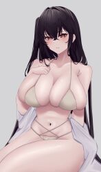 Rule 34 | absurdres, azur lane, bare shoulders, beach, bikini, black hair, breasts, cellphone, cleavage, highres, huge breasts, iphone, kneeling, large breasts, long hair, long sleeves, looking at viewer, nanako94418108, off shoulder, official alternate costume, one eye closed, one side up, open clothes, open shirt, phone, red eyes, sand, shirt, side ponytail, sideboob, skindentation, smartphone, solo, stomach, string bikini, swimsuit, taihou (azur lane), taihou (seaside daydreams) (azur lane), thigh strap, tongue, tongue out, very long hair, white bikini, white shirt
