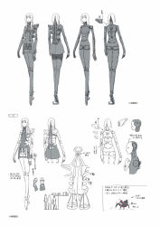 Rule 34 | 1girl, blame!, blunt bangs, breasts, character sheet, cibo, cyberpunk, cyborg, dress, from side, greyscale, highres, joints, long hair, looking up, mechanical arms, mechanical hands, mechanical legs, medium breasts, miniskirt, monochrome, nihei tsutomu, nipples, nude, pale skin, ribbon, robot joints, short dress, single mechanical hand, sketch, skirt, spine, tall, tall female, translation request, underbust, white hair