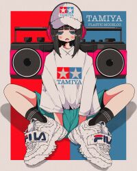 Rule 34 | 1girl, aqua shorts, baseball cap, between legs, black hair, black socks, blue background, blue eyes, blunt bangs, blush, boombox, commentary, fila, grey eyes, hand between legs, hat, headphones, highres, jitome, looking at viewer, medium hair, nao97122, open mouth, original, outside border, print headwear, print shirt, red background, ribbed socks, shirt, shirt tucked in, shoes, shorts, sidelocks, sitting, sleeves past elbows, sneakers, socks, solo, straight-on, tamiya incorporated, two-tone background, white footwear, white hat, white shirt