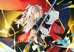 Rule 34 | 1boy, belt, bishounen, bjbddz, black belt, chinese clothes, closed mouth, hair over one eye, hair ribbon, high ponytail, highres, holding, holding polearm, holding weapon, honkai: star rail, honkai (series), jing yuan, lightning, long hair, looking at viewer, male focus, mole, mole under eye, pants, polearm, ponytail, red pants, red ribbon, ribbon, solo, spear, upper body, weapon, white hair, yellow eyes
