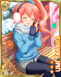 Rule 34 | 1girl, :d, bench, black leggings, blue jacket, can, card, character name, day, closed eyes, girlfriend (kari), holding, jacket, leggings, official art, open mouth, outdoors, pink eyes, pink hair, qp:flapper, scarf, shirt, shorts, side ponytail, sitting, smile, snow, solo, tagme, takara umi, winter clothes