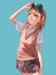 Rule 34 | 1girl, aqua background, arm up, artist name, brown eyes, brown hair, brown sweater vest, collared shirt, fatur rasid, feet out of frame, grey skirt, head-mounted display, highres, looking up, misaka mikoto, open mouth, pleated skirt, school uniform, shirt, short hair, short sleeves, simple background, skirt, solo, standing, sweater vest, toaru majutsu no index, tokiwadai school uniform, white shirt